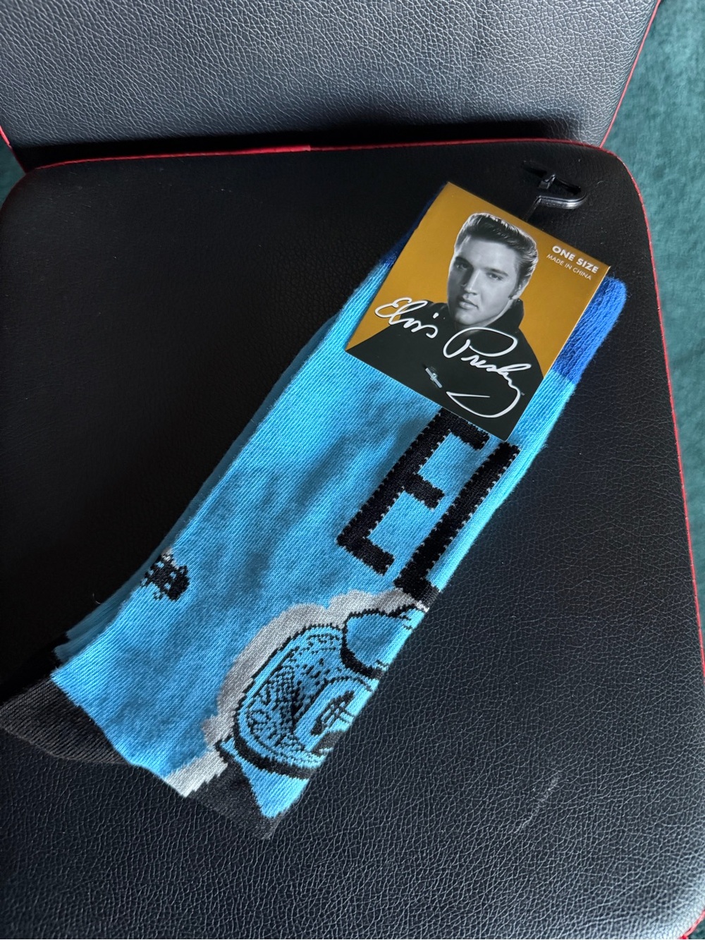 Men's Light Blue Graphic Crew Socks with Portrait Tag